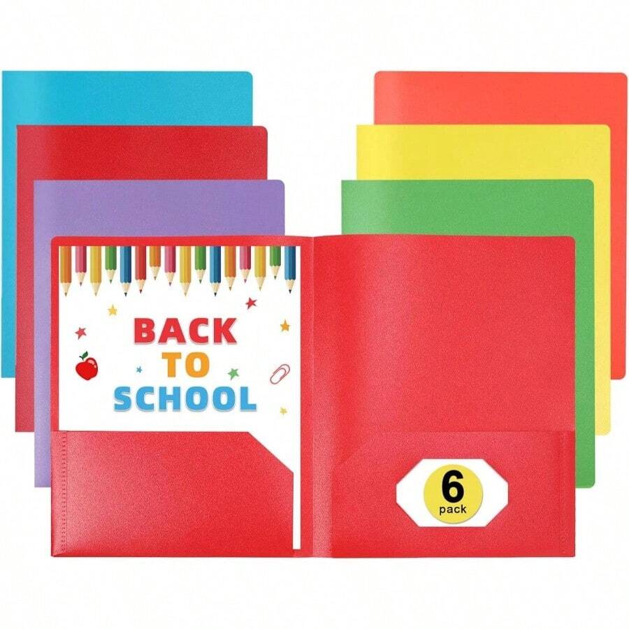 File Folders With Pockets Back To School Supplies 6 Pack Colored Plastic 2 Pocket Folders Bulk Document Resume Portfolio Homework Paper Folder Students Teacher School Office Supplies Folder - 有色 - 查看 1