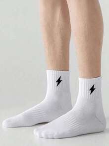 5 Pairs Boys & Teens Lightning Bolt Mid-Calf Socks, Black/White Basketball Sports Mid-Calf Socks, Soft Breathable Socks, Student Socks, Casual Long Socks, Suitable For All Seasons, Daily Wear And Outdoor Sports, Back To School - Multicolor - View 9