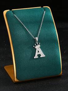 1 buc colier minimalist elegant cu zirconiu cubic argintiu, coroană și literă cu pandantiv, colier bijuterii la modă pentru copii, colier decorativ pentru petrecere, accesoriu hip-hop stradal - Argint - Vizualizare 2