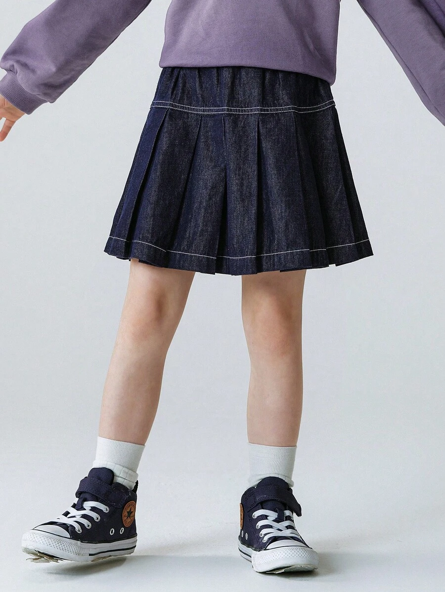 mini bala Girls Denim Pleated Skirt Soft Breathable Preppy Style Spring New