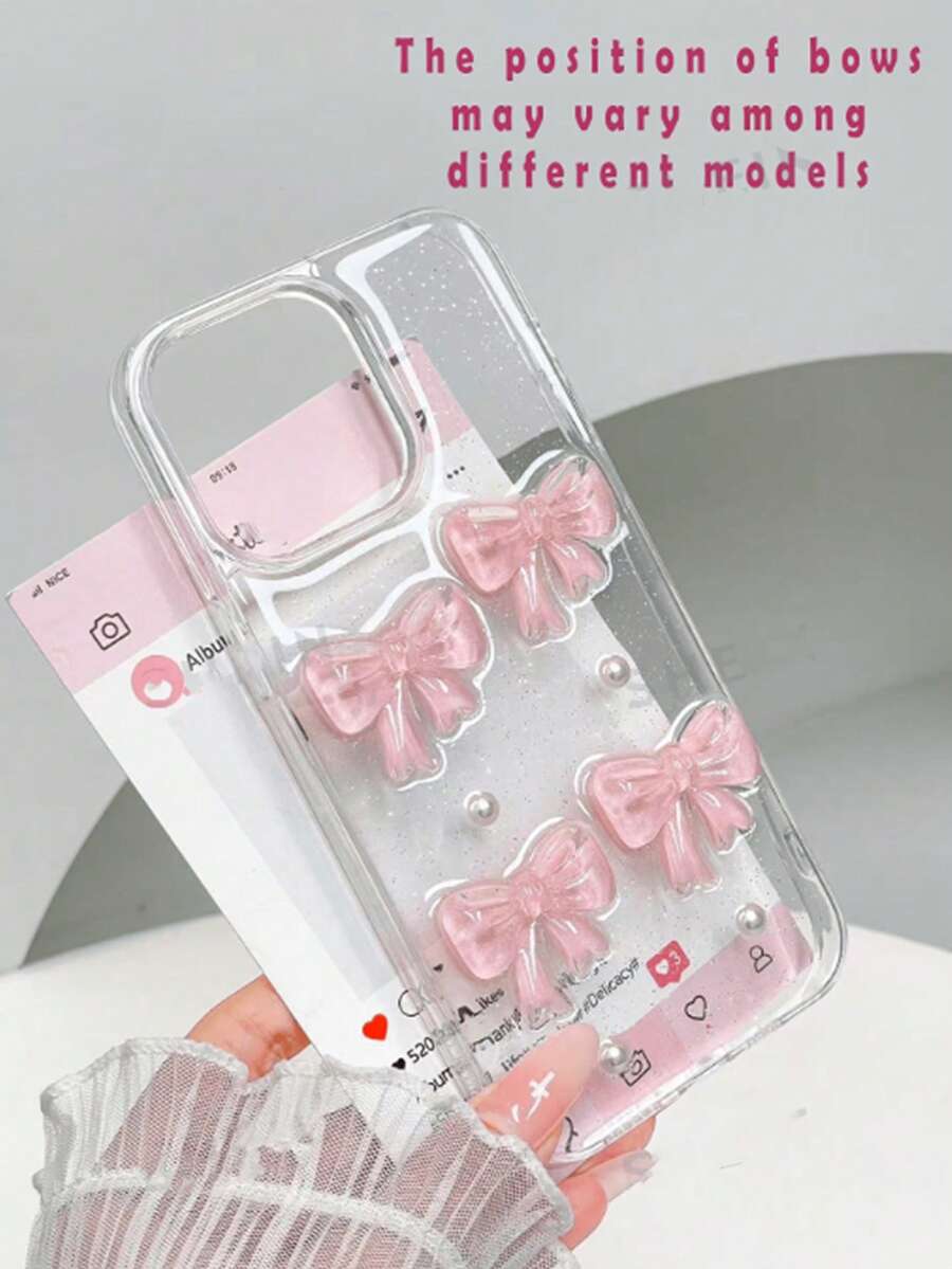 1个带纹理透明闪光3D蝴蝶结亚克力大孔树脂手机壳，兼容 11/12/13/14/15 Pro Max - 粉色 - 查看 1
