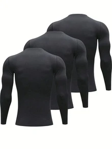 3件装男士黑色保暖内衣上衣，紧身保暖，舒适弹力，防寒睡衣，户外穿着，冬季保暖礼物