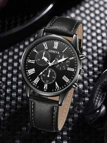 4件套男士PU皮表带、石英表链、项链、戒指首饰套装，商务复古简约罗马表盘，适合日常佩戴装饰或作为节日礼物送给朋友和父亲。 - 彩色 - 查看 2