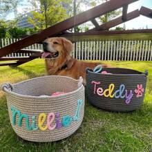 Personalized Braided Rope Pet Toy Storage Basket, Custom Pet Name Gift Basket, Travel Storage Bag, Tote Bag For Pet Lovers, Home Decor Pet Supplies - Multicolor - View 4