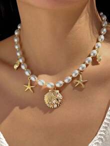 1 件波西米亚风格海洋主题海星和贝壳吊坠项链，适合女性海滩度假穿着 - 金色 - 查看 4