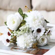 Buquê Artificial de Rosas, Margaridas, Crisântemos, Flores Artificiais Feitas à Mão, Fabricante Atacadista de Plantas para Comércio Exterior - Branco - Visão 3