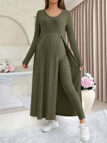 Conjunto casual de 2 piezas de punto elástico de costilla en verde oliva/verde del ejército para maternidad, con top de manga larga con cuello en V y abertura frontal, combinado con pantalones de maternidad, un atuendo de embarazo y lactancia elegante y cómodo para la primavera - Verde Oliva - Ver 4