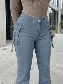 女士休闲浅蓝色喇叭牛仔裤，带拉链细节，中等弹力面料，长款设计，适合日常穿着。 - 藍色 - 查看 3