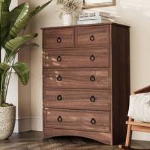 Taupe / Cherry Wood 6 Drawers Dresser,  Tall Wood Chest Of Drawers, Storage Organizer Clothes, Brownish Vintage, Living Room, Bedroom, Hallway - 櫻桃木 - 查看 5