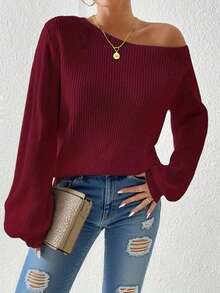 V-Neck Casual Loose Pullover Knit Sweater, Long Sleeve Women Knitwear - Red - View 4
