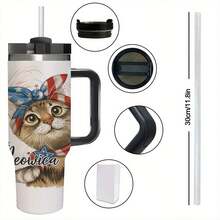 1pc 40oz Patriotic 4th Of July Stainless Steel Water Bottle With Handle And Straw - Insulated Leakproof For Fitness, Outdoor, Office - American Flag Design With Cute Cat Pattern, "Meowica" Patriotic Theme, 304 Stainless Steel, Perfect Holiday Gift For Adults, Outdoor Hydration, Holiday Theme, Durable Construction, Fitness Enthusiast Durable Stainless Steel Water Bottle With Detachable Cup For Daily Use, Water Bottle Coffee Bar Essentials| Perfect Grandpa Grandma & Best Friend Gifts - 黑色 - 查看 3