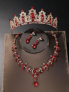 4pcs Elegant Rhinestone Rhenish Stone Queen Crown Necklace Set, Bridal Wedding Headpiece, Party Baroque Jewelry