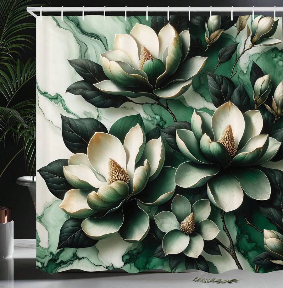 Dark Green Shower Curtain, Magnolia Flowers Blooming On Marble Print Inspired Backdrop, Cloth Fabric Bathroom Decor Set With , , Hunter Green And Off WhiteIt's Not Just A Shower Curtain-It's The Secret Sauce That Pulls Your Whole Bathroom Decor Together, Turning A Plain, Functional Space Into A Cozy Little Retreat You'll Look Forward To Using Every Day. - 彩色 - 查看 1