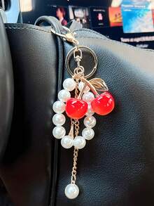 1pc Fashion Cherry Faux Pearl Chain Keychain Pendant, Charming Double Cherry Car Key Chain, Jewelry, Bag Charm, Wristlet Keychain, Car Keychain, Keychain Lanyard, Keychain, Keyring Accessory, Keychain Ring, DIY Accessory Birthday Gift, Wedding Gift, Holiday Gift, Party Favor, Event Souvenir, Friend Gift - Multicolor - View 3