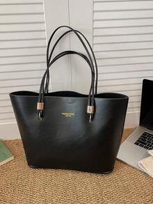 Letter Decor Large Capacity Fashion New Casual European And American Retro Solid Color Women Shoulder Underarm Tote Bag - Black - View 7