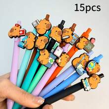 15pcs Creative Minimalist Capybara Shaped Retractable Ballpoint Pens, Cartoon Capybara Series Clickable Neutral Pens, Assorted Colors - Black - View 1