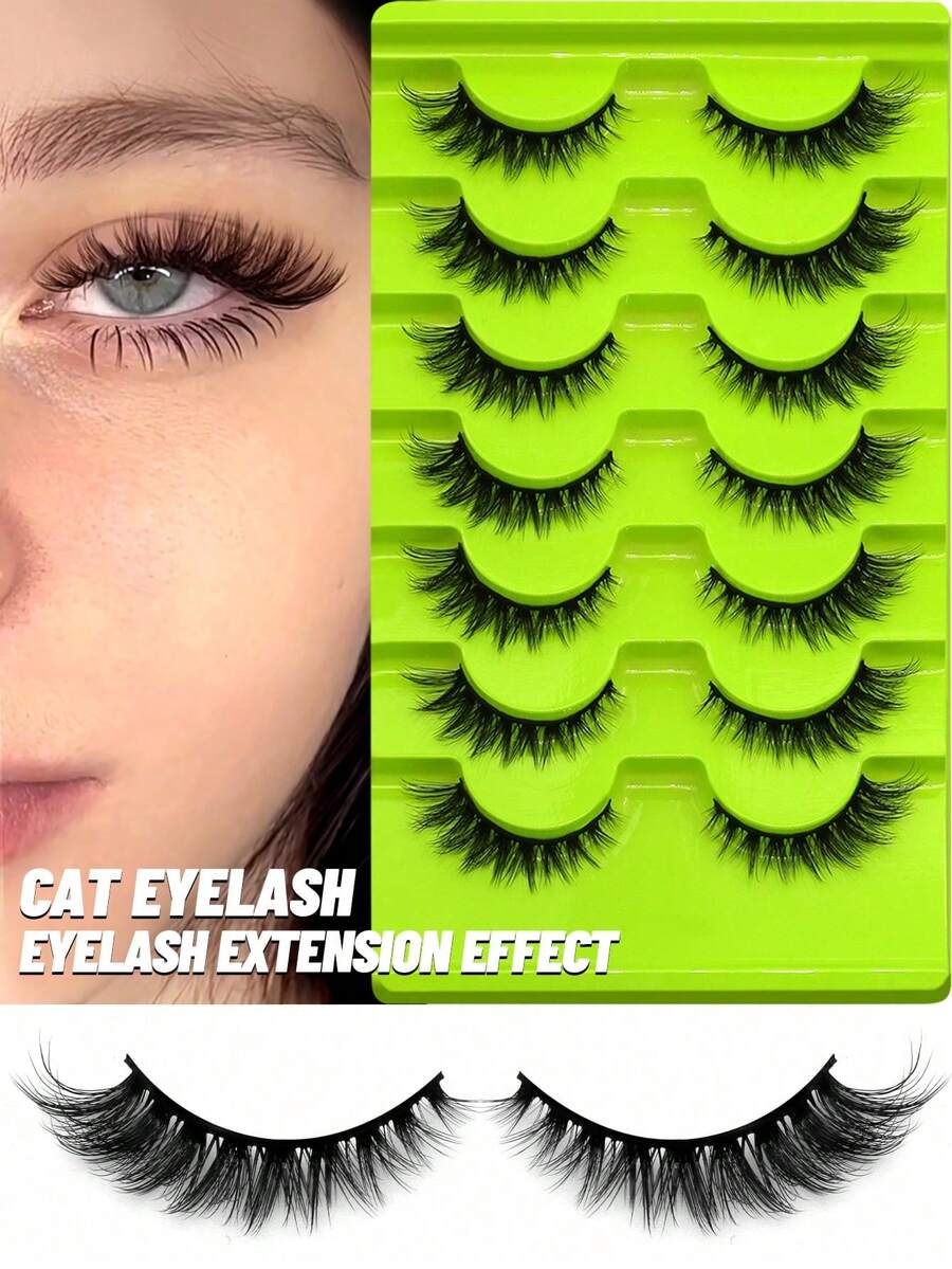 7 Pairs Cat Eye, Fox Eye, Faux Mink Fluffy & Lengthening False Eyelashes, Natural Look Makeup Tools (GA05) - Black - View 1