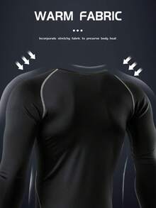 1pc Men's Compression Long Sleeve Breathable Quick-Dry Fitness Top, Tight Core Workout Base Layer, Moisture-Wicking Black Spring Sports - Black - View 6