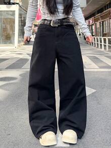 1 pieza Jeans anchos y sueltos de estilo casual para mujer, pantalones vaqueros versátiles y cómodos de estilo estadounidense para todas las estaciones (cinturón/accesorios no incluidos) - Negro - Ver 2
