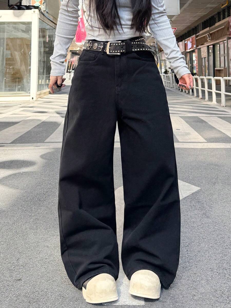 1 pieza Jeans anchos y sueltos de estilo casual para mujer, pantalones vaqueros versátiles y cómodos de estilo estadounidense para todas las estaciones (cinturón/accesorios no incluidos)