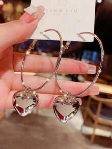2pcs Fashionable Minimalist Exaggerated Big Hoop Heart Pendant Earrings, Holiday Party Date Gift For Daily Wear (No Card) - 銀色 - 查看 5