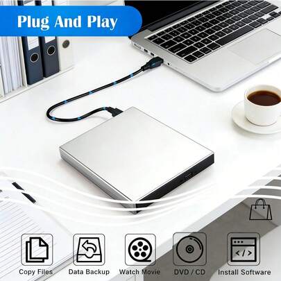 Extern CD DVD-enhet, USB 2.0 ultratunn bärbar CD-/R/W/DVD-R/W-brännare för bärbar och stationär dator (använd enligt instruktionsmanualen)