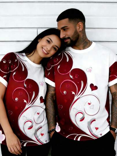 Valentine's Day Heart Graphic Casual T-Shirt For Men, Couple, Suitable For Summer Wear, Great As Holiday Gift