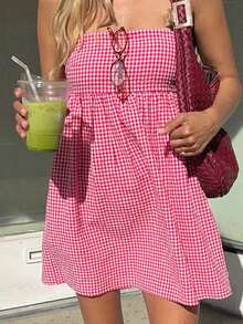 1pc Plaid Casual Vacation Backless Tube Dress Summer Elegant - Red - View 3