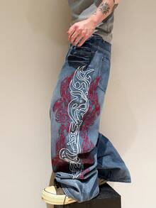 1pc Infinite Jeans Hong Kong Style High Street 3D Embroidery Floral Fashion Versatile Men's Washed Loose Wide Leg Jeans (Product Does Not Include Belt And Accessories) - Medium Wash - View 5