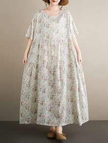 AZAH 波希米亞風休閒度假洋裝，女款大尺碼 2026 夏季長洋裝，女款大尺碼百褶 A 字長洋裝，圓領短袖 - 淺灰色 - 查看 7
