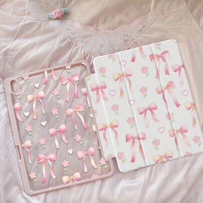 A Cute Cartoon Anime Pink Bow Flower Heart Pattern Double-Sided Acrylic Transparent Crystal Back Cover, Shock-Proof, Suitable For IPad 7th, 8th, 10th Generation (10.2 Inch), Built-In Pencil Slot, Support Sleep/Wake Function, Ideal Christmas And New Year Gift