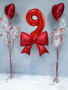 12pcs Birthday Decoration Set, Large Red Bow Foil Balloons, 40-Inch Red 0-9 Birthday Number Balloons, 18-Inch Red Heart Balloons, Clear Latex Balloons (With Balloon Ribbons), Suitable For Birthday Party, Anniversary Decoration - Multicolor - View 9