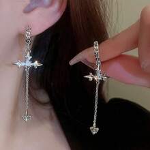 Pair Of Women's Punk Y2K Gothic Style Cross Pendant Long Tassel Earrings Cool Style Hot Girl Stud Earrings High-End Personality Earrings For Women - 銀色 - 查看 2