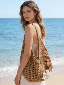 1pc Women's Lightweight Handbag, Crochet Woven Beach Tote Bag, Suitable For College Students, Study And Travel - Multicolor - View 1