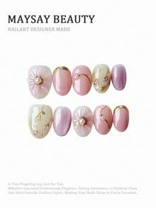 每套10片手工制作的椭圆形假指甲，优雅的粉色猫眼搭配立体樱花造型，手工绘制金色花瓣纹理，可重复使用，包含工具，适合任何风格的女性日常佩戴。手工按压式美甲贴片。 - 彩色 - 查看 5