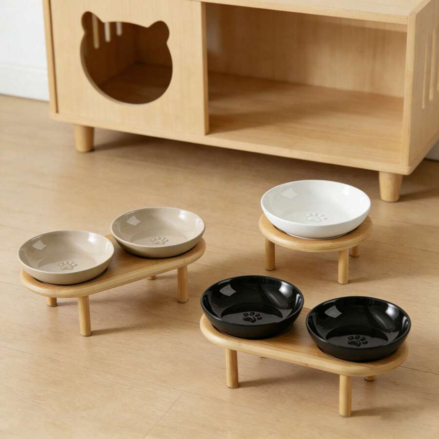 1pc Ceramic Cat/Dog Bowl With Raised Stand, Large Capacity Anti-Spill Pet Feeding Bowl