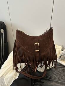 1pc Fringed Decor Solid Color Suede/PU Crossbody Bag With Zipper, Vintage Fashion, Suitable For Women Everyday Use In Autumn/Winter - Coffee - View 9