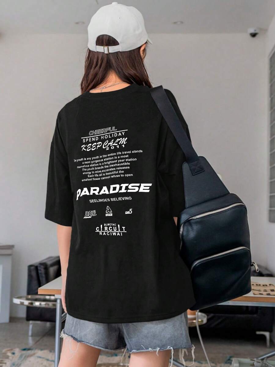 Women's Oversized Printed T-Shirt - Cheerful Paradise Phrase - Loose, Casual, Stylish, Modern, And Cool Blouse - 黑色 - 查看 1