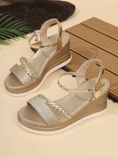 26 Spring/Summer New Gold & Silver Sequin Woven Wedge Sandals, European Style Thick Sole One-Strap Open Toe Women Shoes, Party & Festival Lightweight Platform Shoes