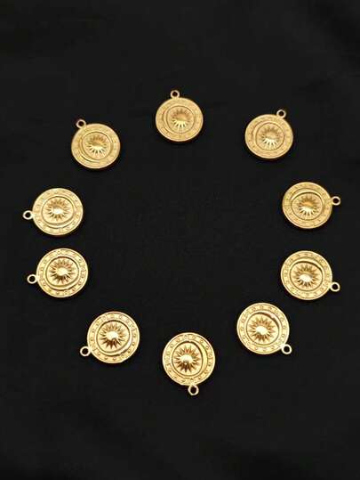 10个18K镀金不锈钢太阳、月亮、星星圆盘吊坠，DIY油压配件，适用于女士项链手链饰品，馈赠亲友的佳品