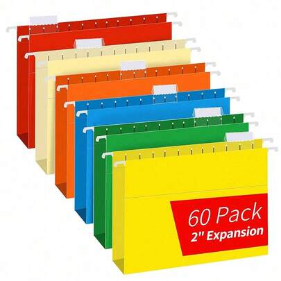 Carpetas colgantes de capacidad extra, RAZCC Paquete de 60 carpetas colgantes tamaño carta con refuerzo y expansión de 2 pulgadas para archivos voluminosos, archivador, pestañas ajustables, colores surtidos