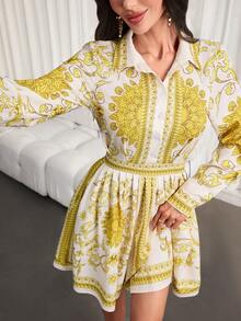 女士新款时尚复古印花迷你连衣裙——长袖、收腰、褶裥设计，适合日常通勤和度假穿着