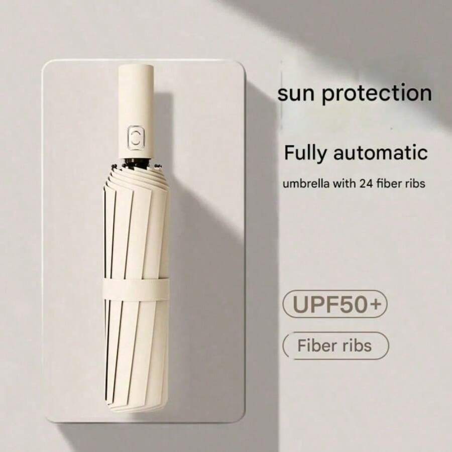 Automatic Umbrella, Enlarged, Thickened, And Reinforced, Suitable For Both Sunny And Rainy Days, With Sun Protection And UV Resistance; A Women's Sun Umbrella. - 米色 - 查看 1