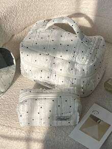 1 Túi đựng mỹ phẩm nữ bằng vải ren chấm bi trang trí họa tiết sọc mềm mại, túi du lịch xách tay có khóa kéo xếp nếp, túi đựng đồ dùng vệ sinh cá nhân dễ thương, túi đựng mỹ phẩm chăm sóc da du lịch dung tích lớn có tay cầm, túi đựng đa năng, túi đựng cọ trang điểm, túi sắp xếp đồ trang điểm - trắng - Xem 3