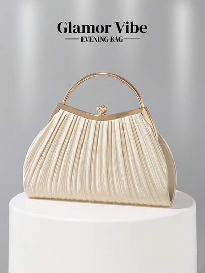 Glamor Vibe Elegant Pearl & Gold Evening Clutch, Wedding Party Box-Shaped Handbag, Pearl-Covered + Gold Line Decor, Pearl Clasp Accent, Handheld / Crossbody 2-In-1; Suitable For Weddings, Elegant Galas, Luxury Dates, Paired With Formal Dresses