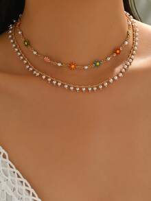 2件套夏季优雅仿珍珠甜美可爱合金滴釉雏菊手工链项链，时尚百搭，适合女性日常佩戴、装饰、海滩、约会、派对等场合。手工链长度可定制，仿珍珠数量不固定，雏菊颜色排列随机。 - 彩色 - 查看 1