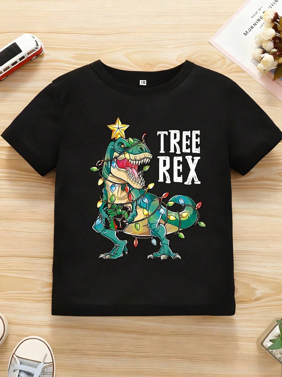 T-Rex Dinosaur Christmas T-Shirt With T-Rex Graphic And Colorful X-MAS Lights, Black Tee With White Dinosaur For Christmas Parties, Casual Wear - Machine Washable 'Dinosaur Outfit For Year-Round Fun (Regular Fit) - 黑色 - 查看 1