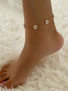 1pc Elegant White Pearl Flower Pendant Anklet, 18K Gold Plated Stainless Steel Floral Design Anklet, Fashion Accessory, Suitable For Women's Daily Wear, Vacation, Party, Date And Other Occasions. - Gold - View 1