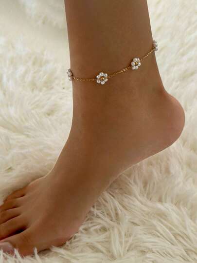1pc Elegant White Pearl Flower Pendant Anklet, 18K Gold Plated Stainles Steel Floral Design Anklet, Fashion Jewelry For Women Girls Daily Wear, Vacation, Party, Date