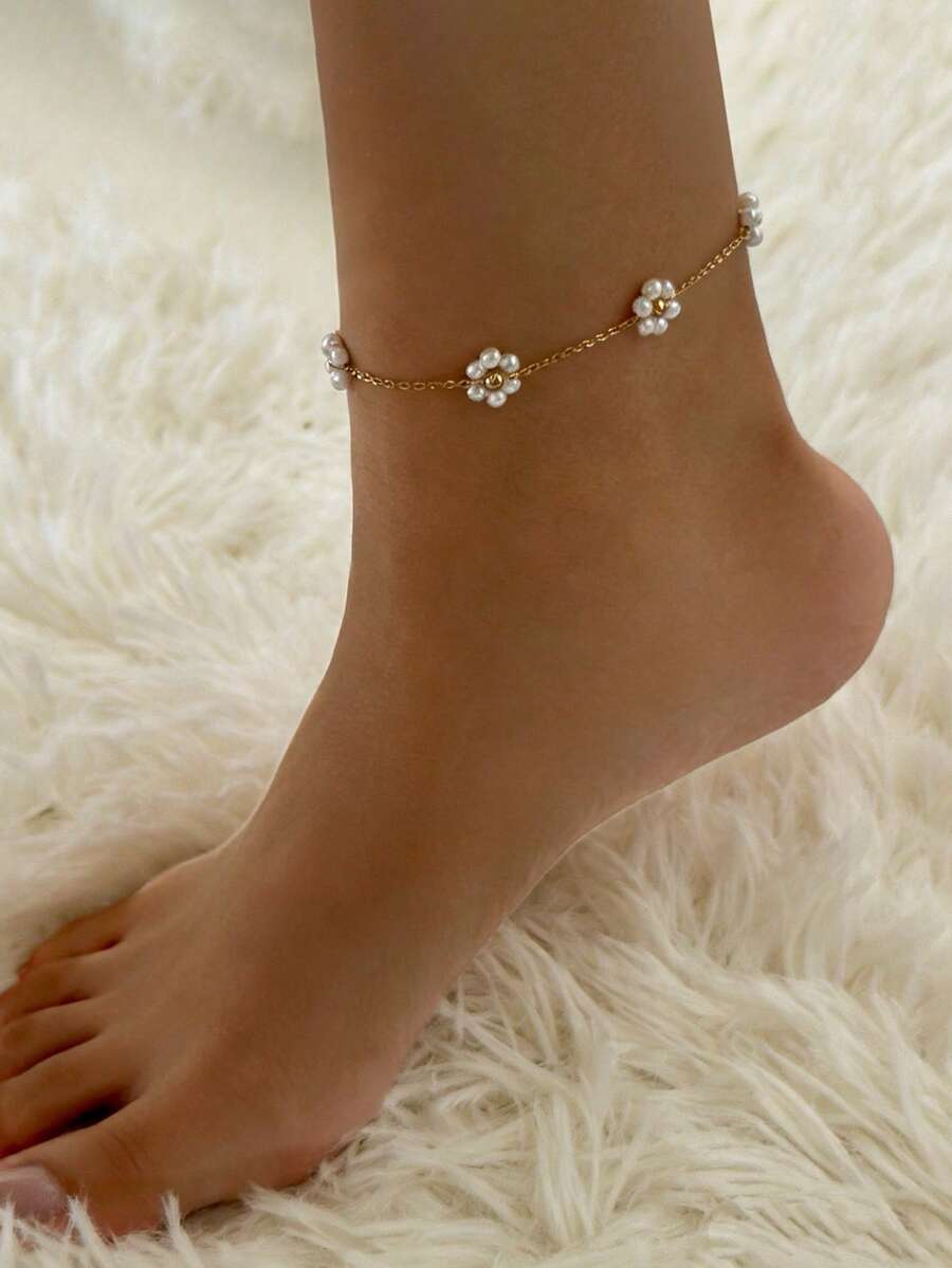 1pc Elegant White Pearl Flower Pendant Anklet, 18K Gold Plated Stainless Steel Floral Design Anklet, Fashion Accessory, Suitable For Women's Daily Wear, Vacation, Party, Date And Other Occasions. - Gold - View 1